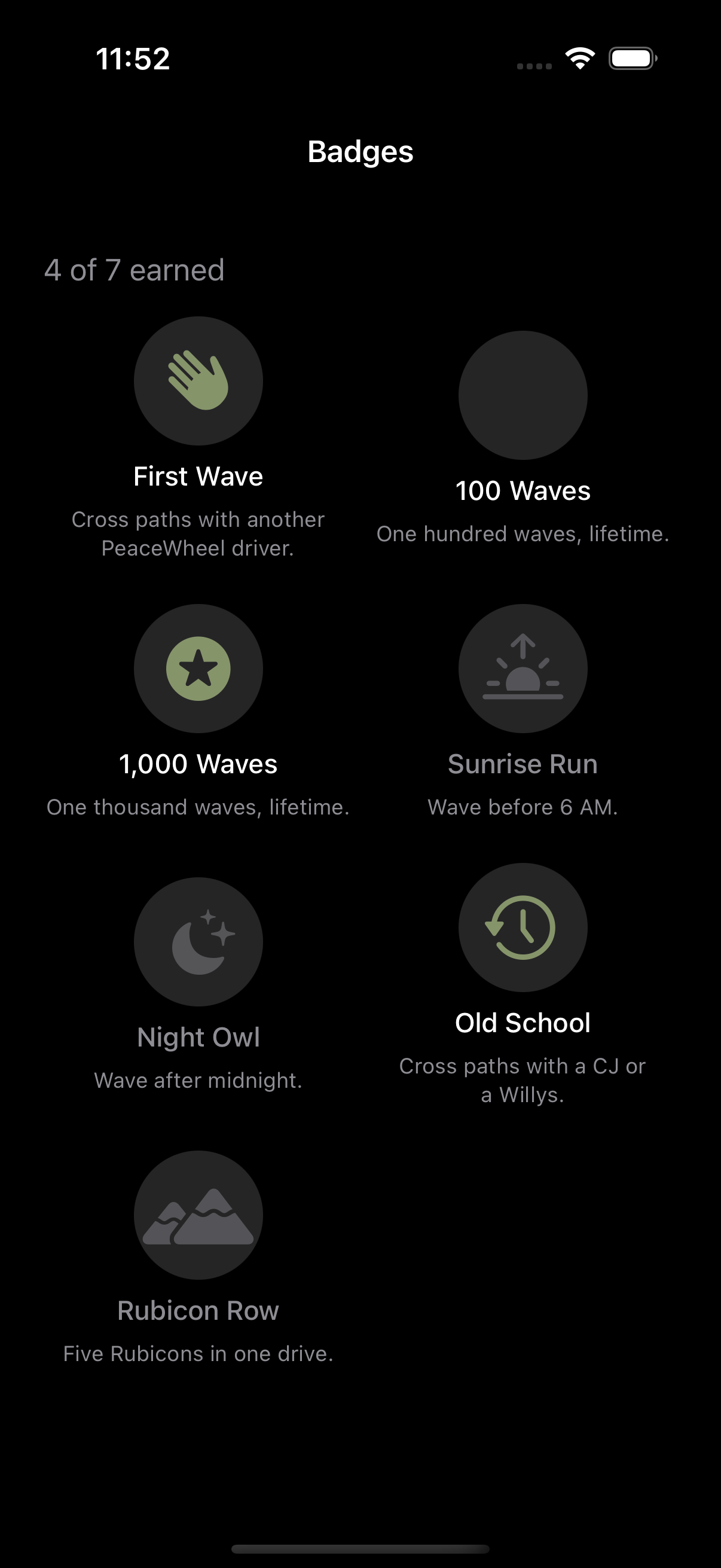 PeaceWheel Badges & Achievements Screen