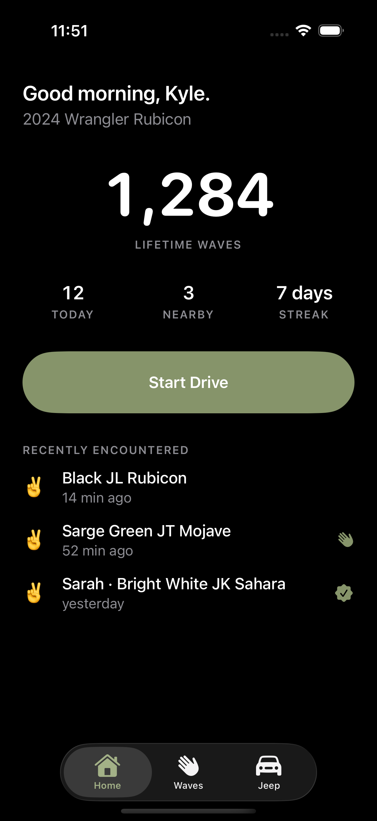 PeaceWheel Home Screen showing lifetime wave count and recent encounters